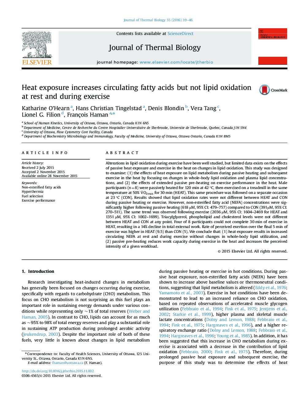 Heat exposure increases circulating fatty acids but not lipid oxidation at rest and during exercise