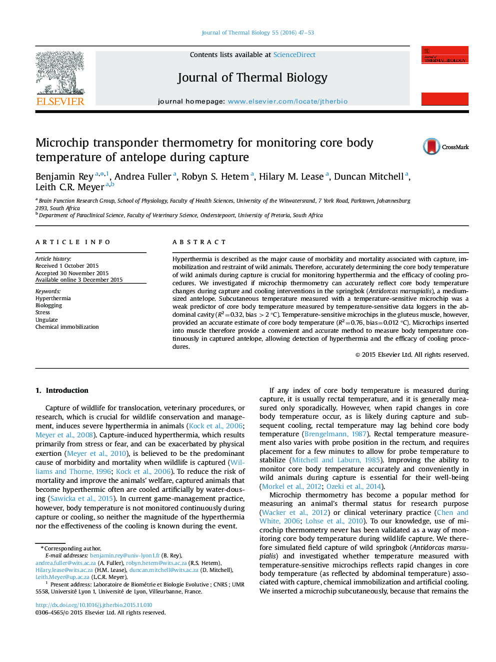 Microchip transponder thermometry for monitoring core body temperature of antelope during capture