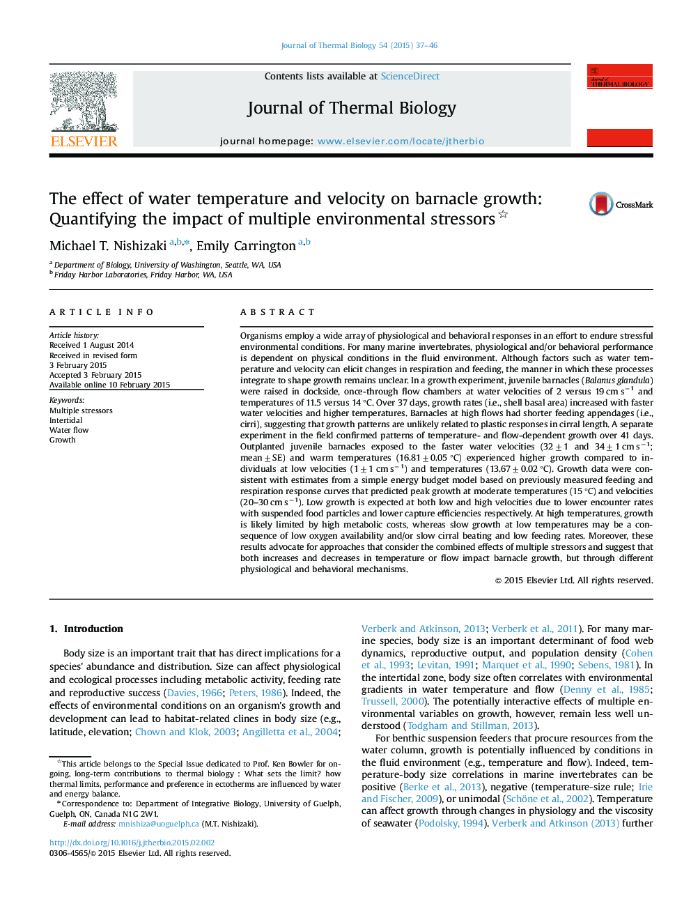 The effect of water temperature and velocity on barnacle growth: Quantifying the impact of multiple environmental stressors 