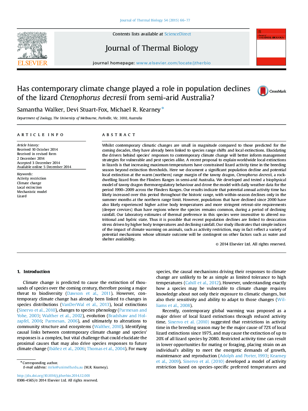 Has contemporary climate change played a role in population declines of the lizard Ctenophorus decresii from semi-arid Australia? 