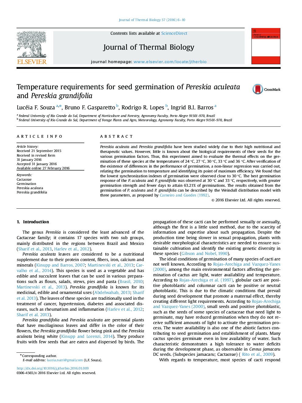 Temperature requirements for seed germination of Pereskia aculeata and Pereskia grandifolia