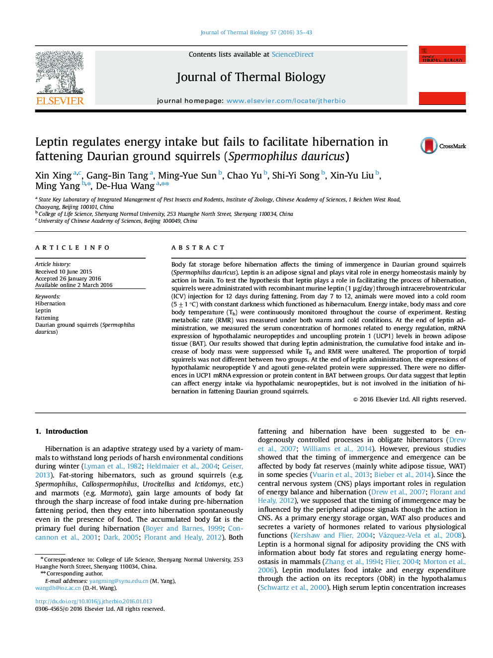 Leptin regulates energy intake but fails to facilitate hibernation in fattening Daurian ground squirrels (Spermophilus dauricus)