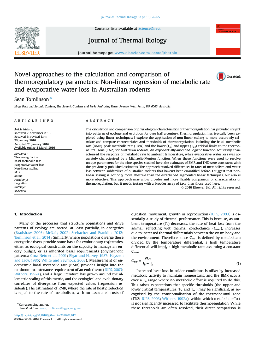 Novel approaches to the calculation and comparison of thermoregulatory parameters: Non-linear regression of metabolic rate and evaporative water loss in Australian rodents