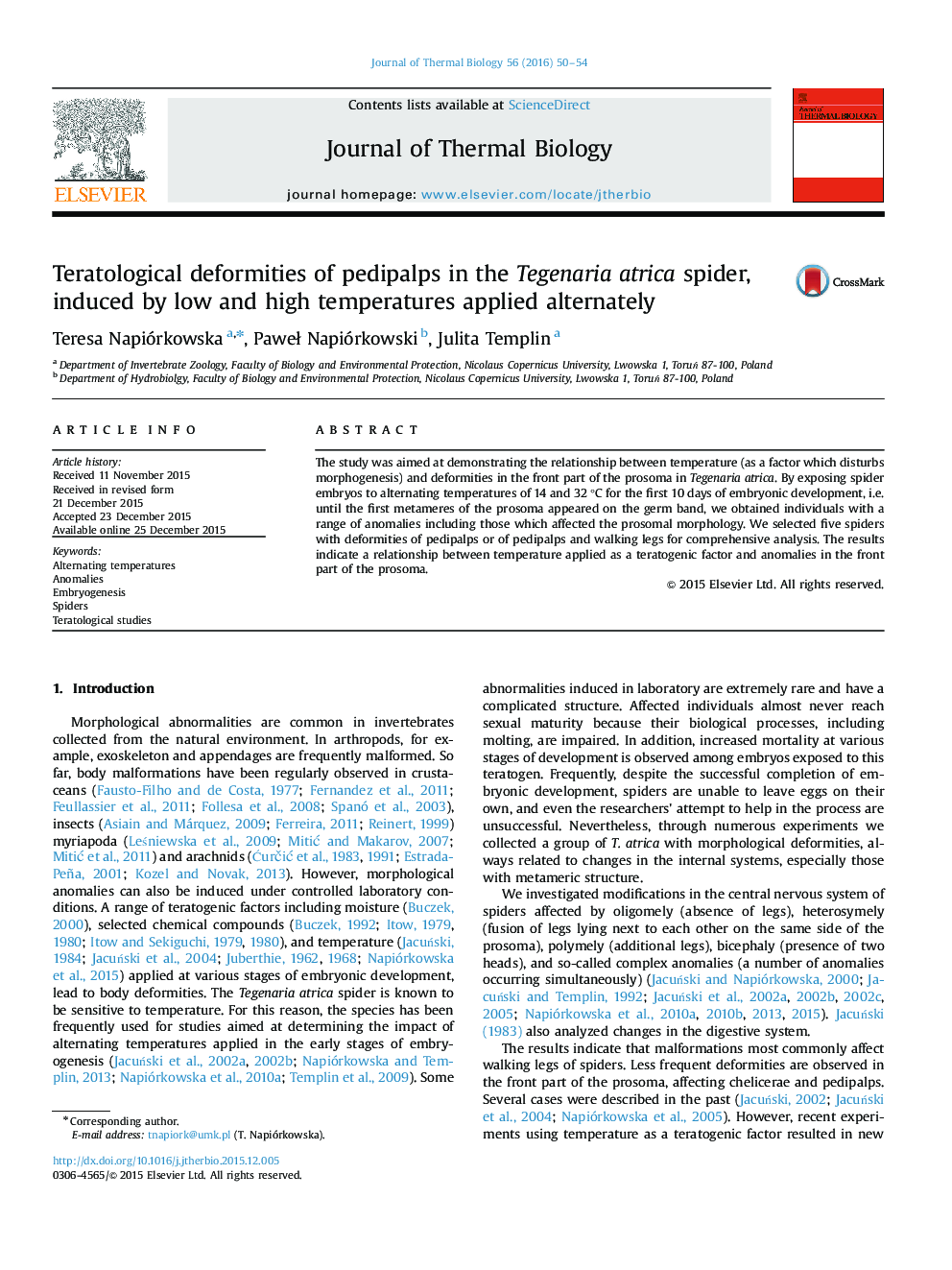 Teratological deformities of pedipalps in the Tegenaria atrica spider, induced by low and high temperatures applied alternately