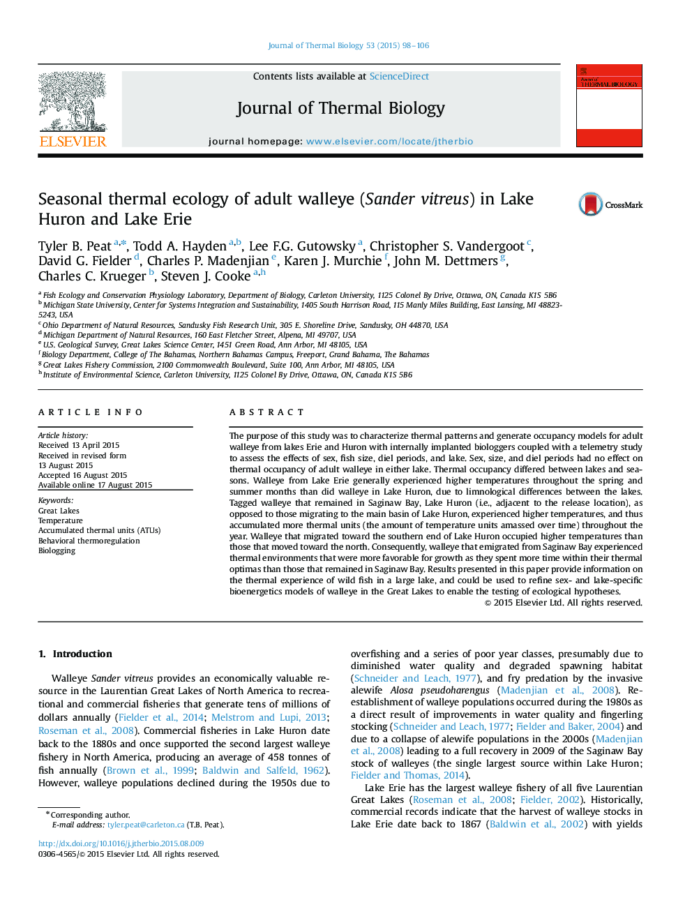 Seasonal thermal ecology of adult walleye (Sander vitreus) in Lake Huron and Lake Erie