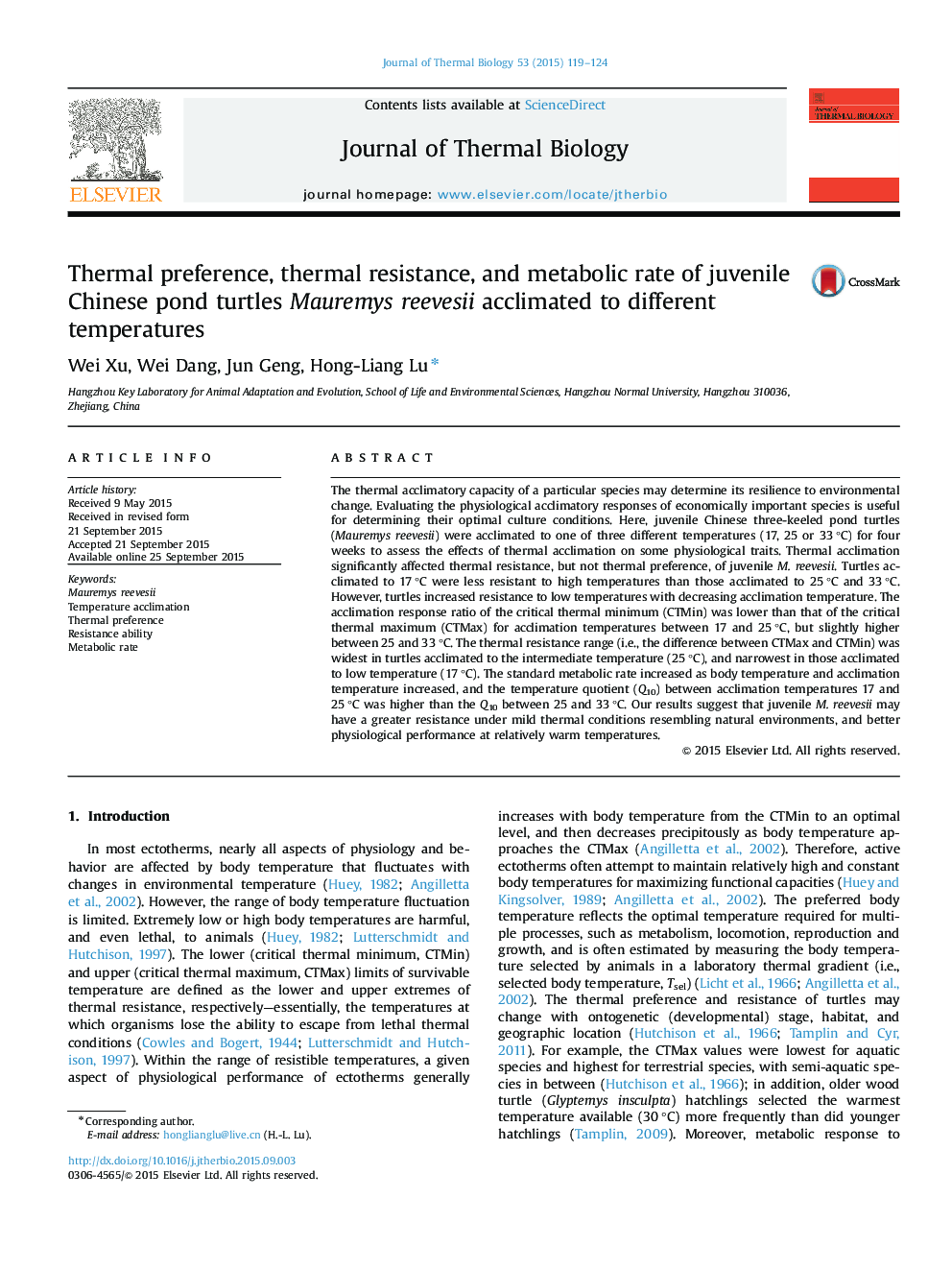 Thermal preference, thermal resistance, and metabolic rate of juvenile Chinese pond turtles Mauremys reevesii acclimated to different temperatures