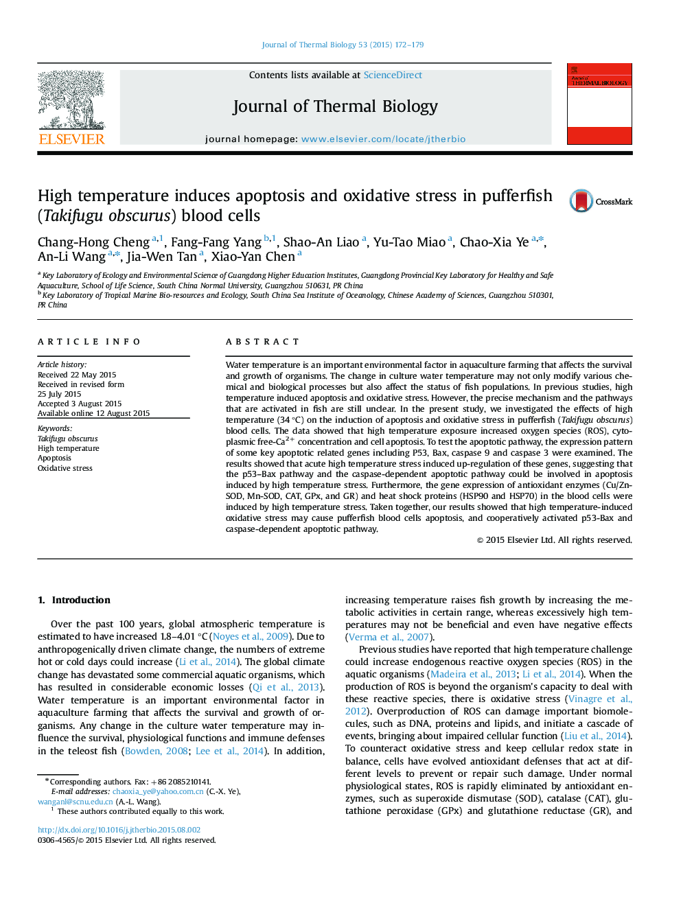 High temperature induces apoptosis and oxidative stress in pufferfish (Takifugu obscurus) blood cells