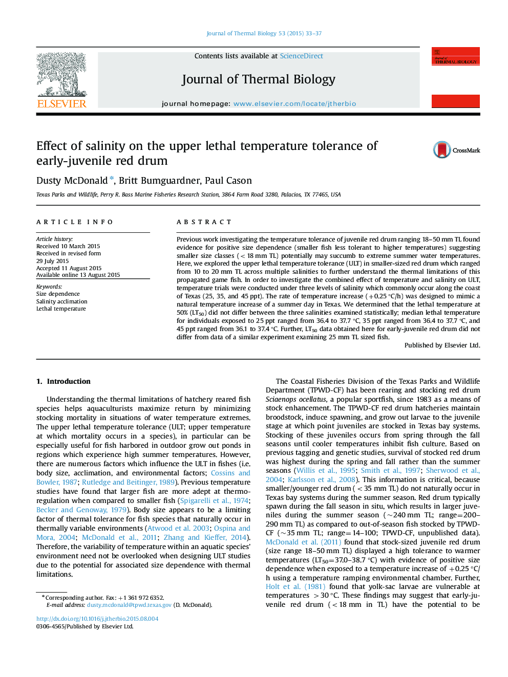 Effect of salinity on the upper lethal temperature tolerance of early-juvenile red drum