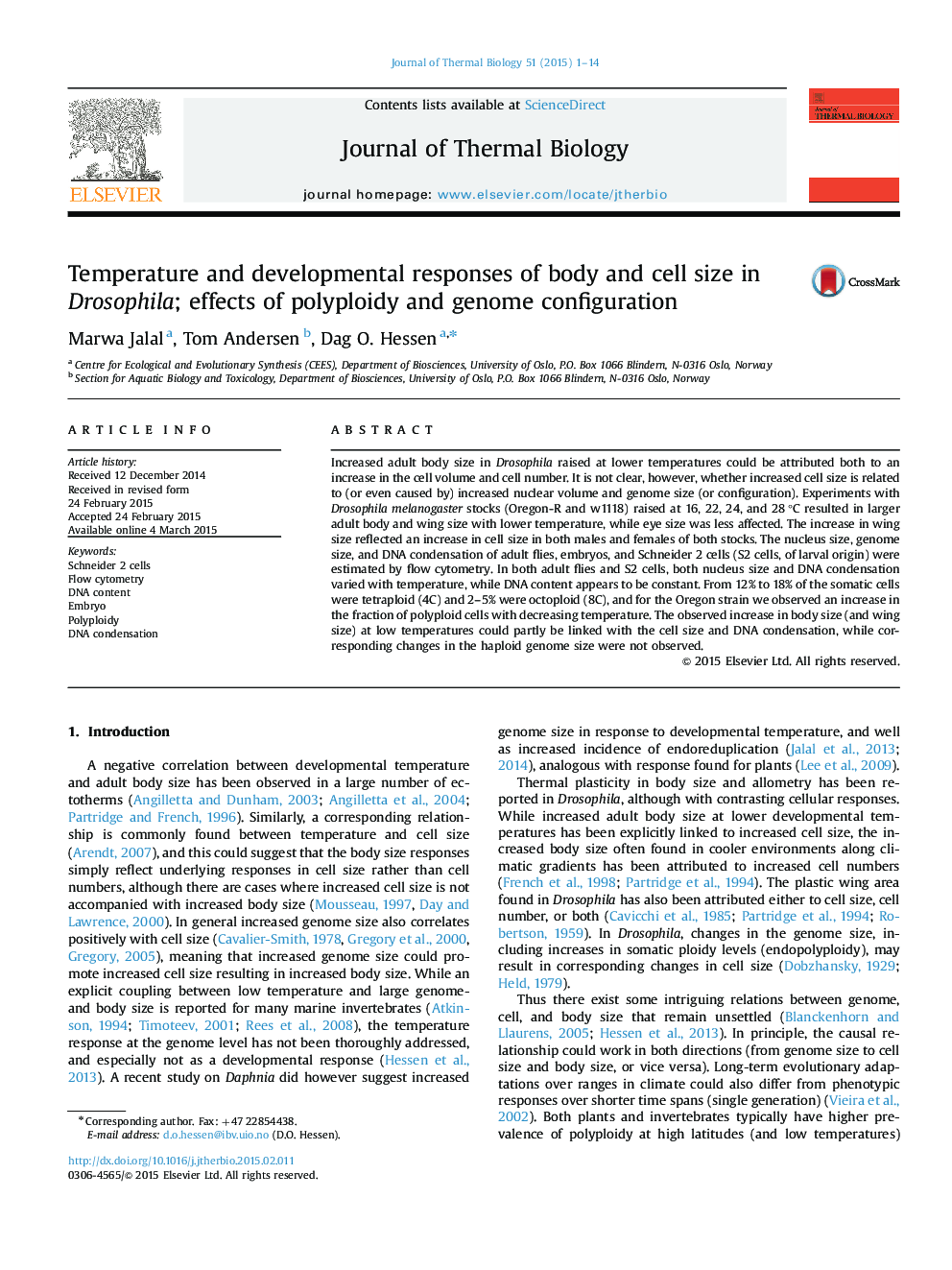 Temperature and developmental responses of body and cell size in Drosophila; effects of polyploidy and genome configuration