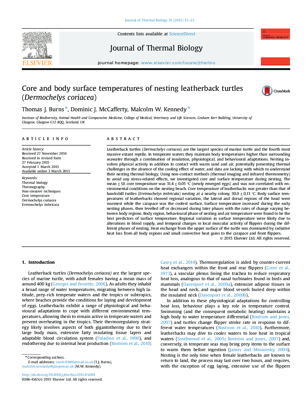 Core and body surface temperatures of nesting leatherback turtles (Dermochelys coriacea)