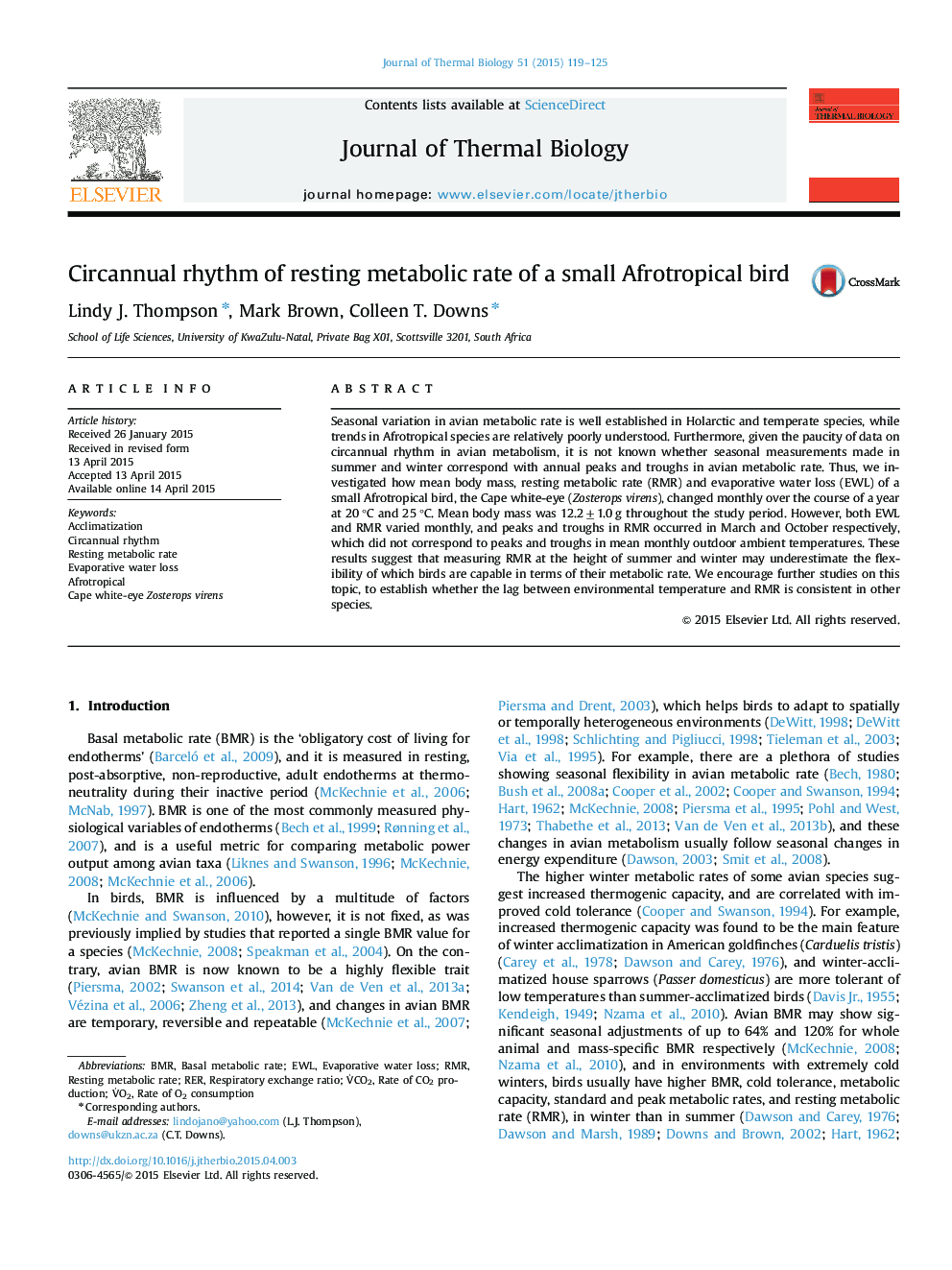 Circannual rhythm of resting metabolic rate of a small Afrotropical bird