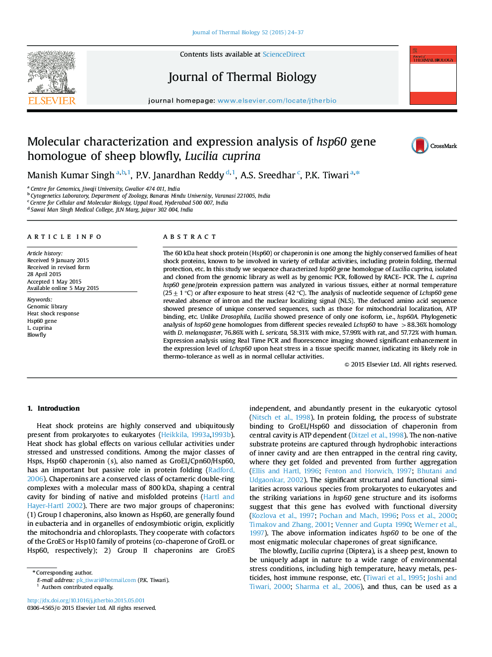 Molecular characterization and expression analysis of hsp60 gene homologue of sheep blowfly, Lucilia cuprina