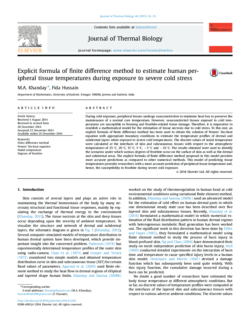 Explicit formula of finite difference method to estimate human peripheral tissue temperatures during exposure to severe cold stress