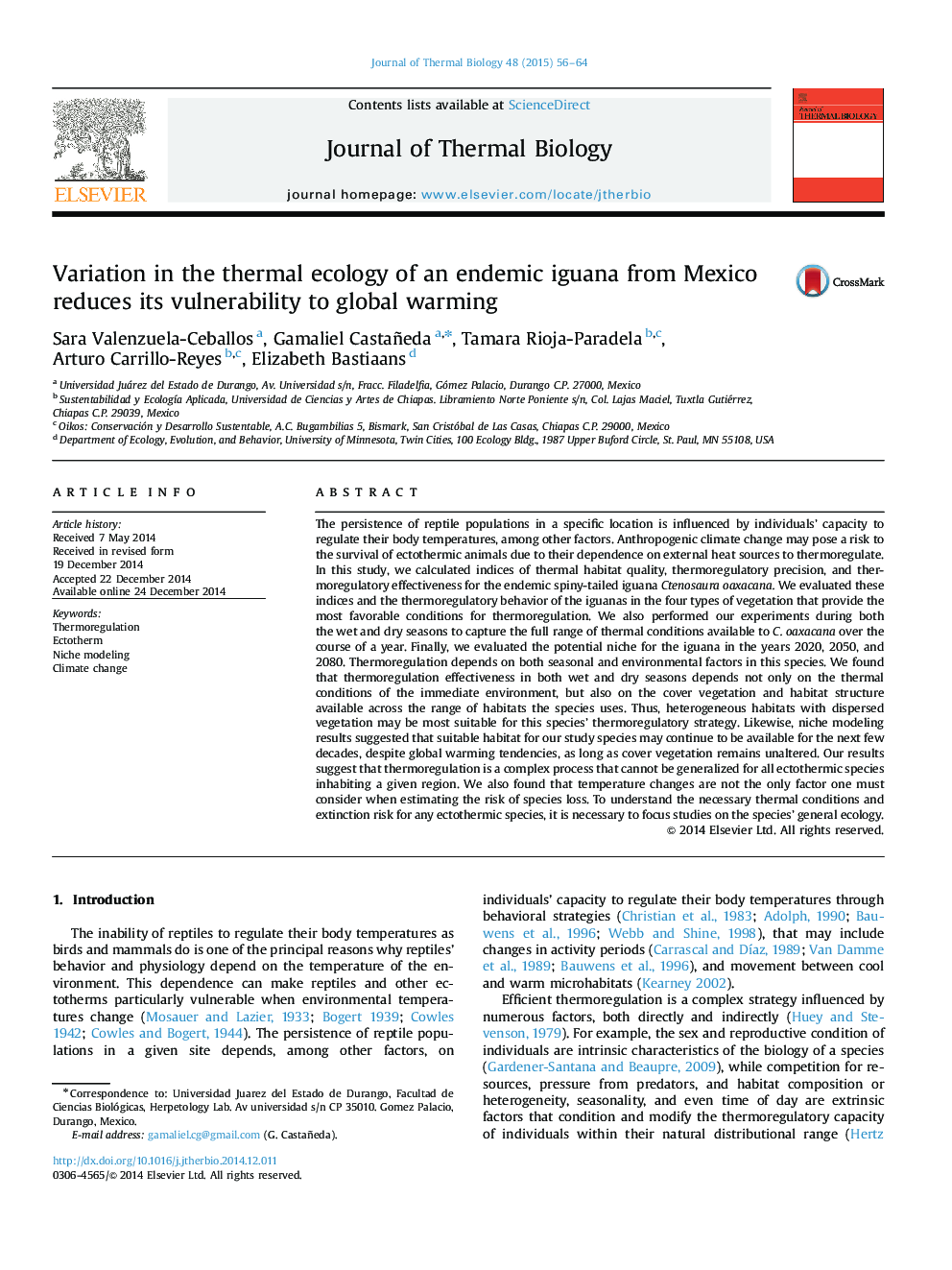 Variation in the thermal ecology of an endemic iguana from Mexico reduces its vulnerability to global warming