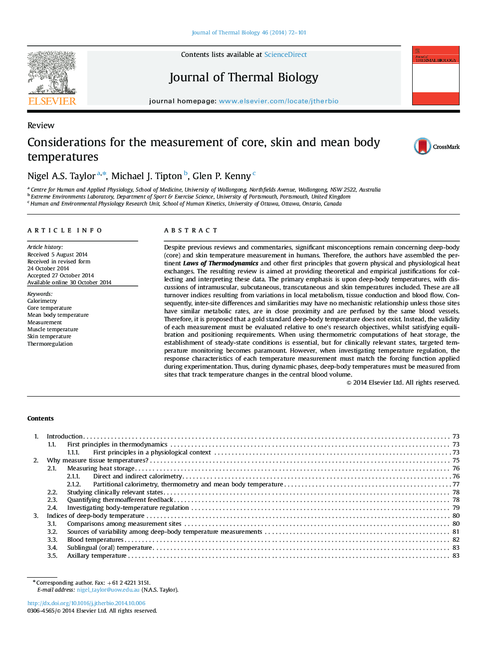 Considerations for the measurement of core, skin and mean body temperatures