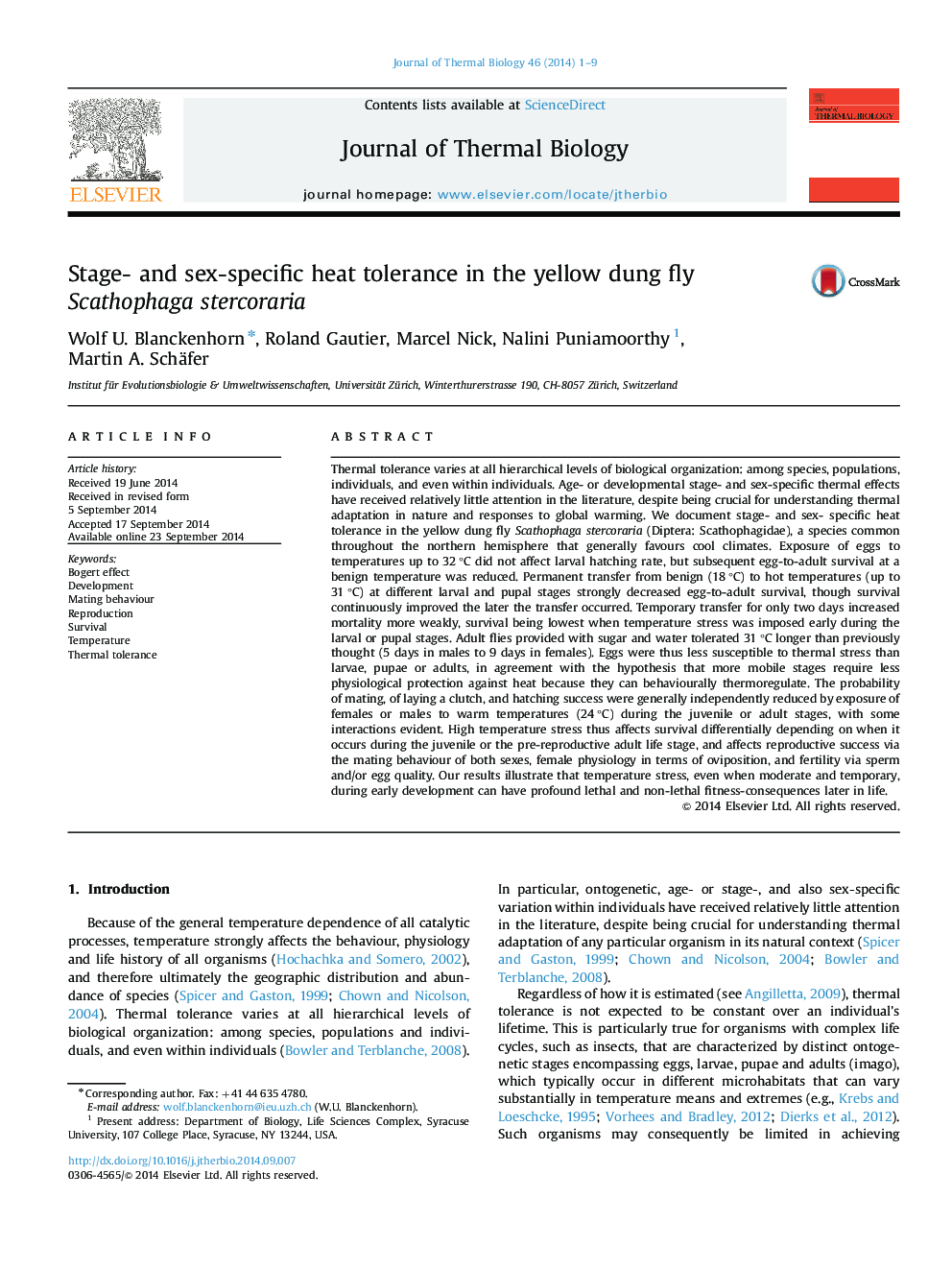 Stage- and sex-specific heat tolerance in the yellow dung fly Scathophaga stercoraria