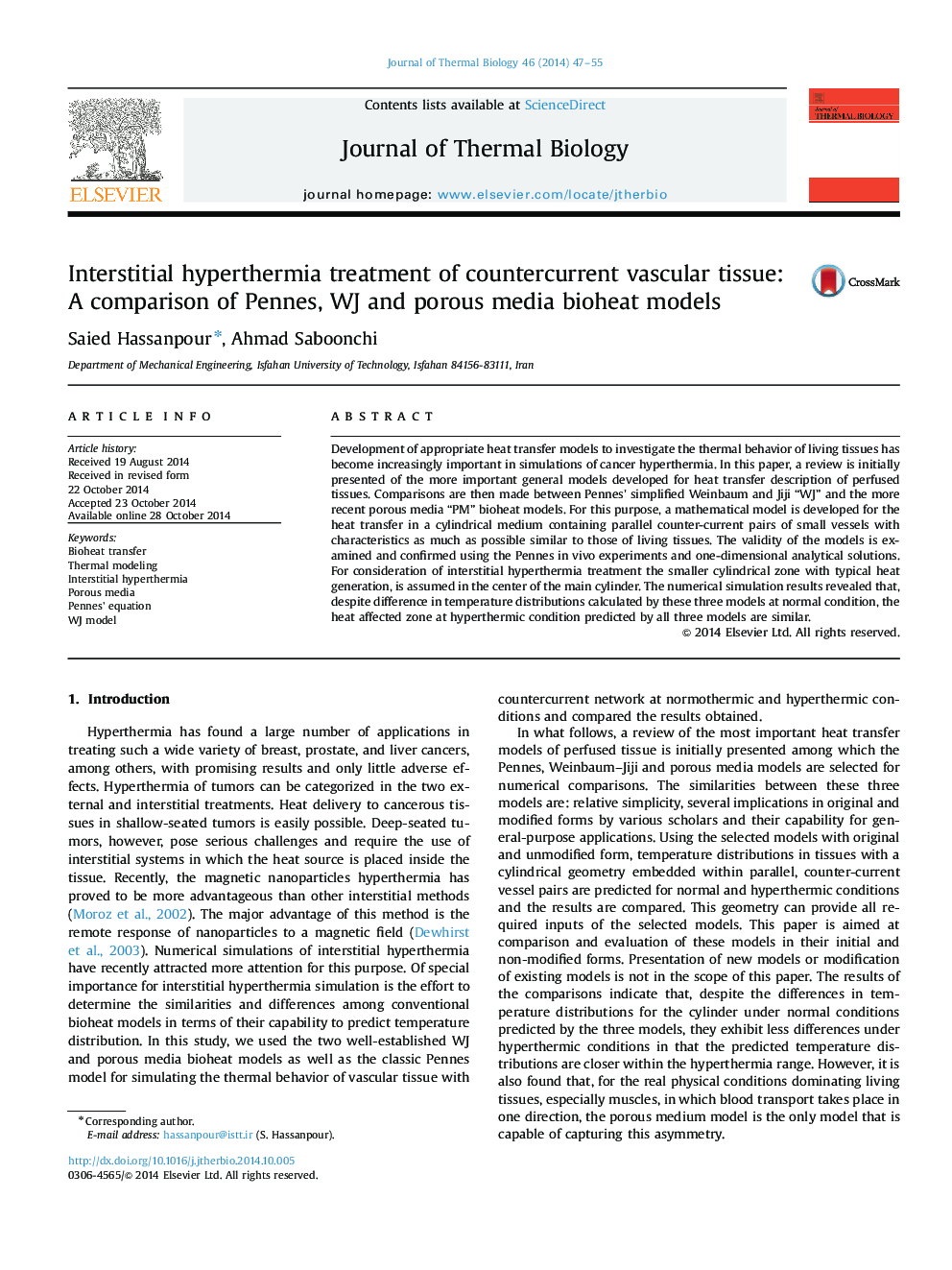 Interstitial hyperthermia treatment of countercurrent vascular tissue: A comparison of Pennes, WJ and porous media bioheat models