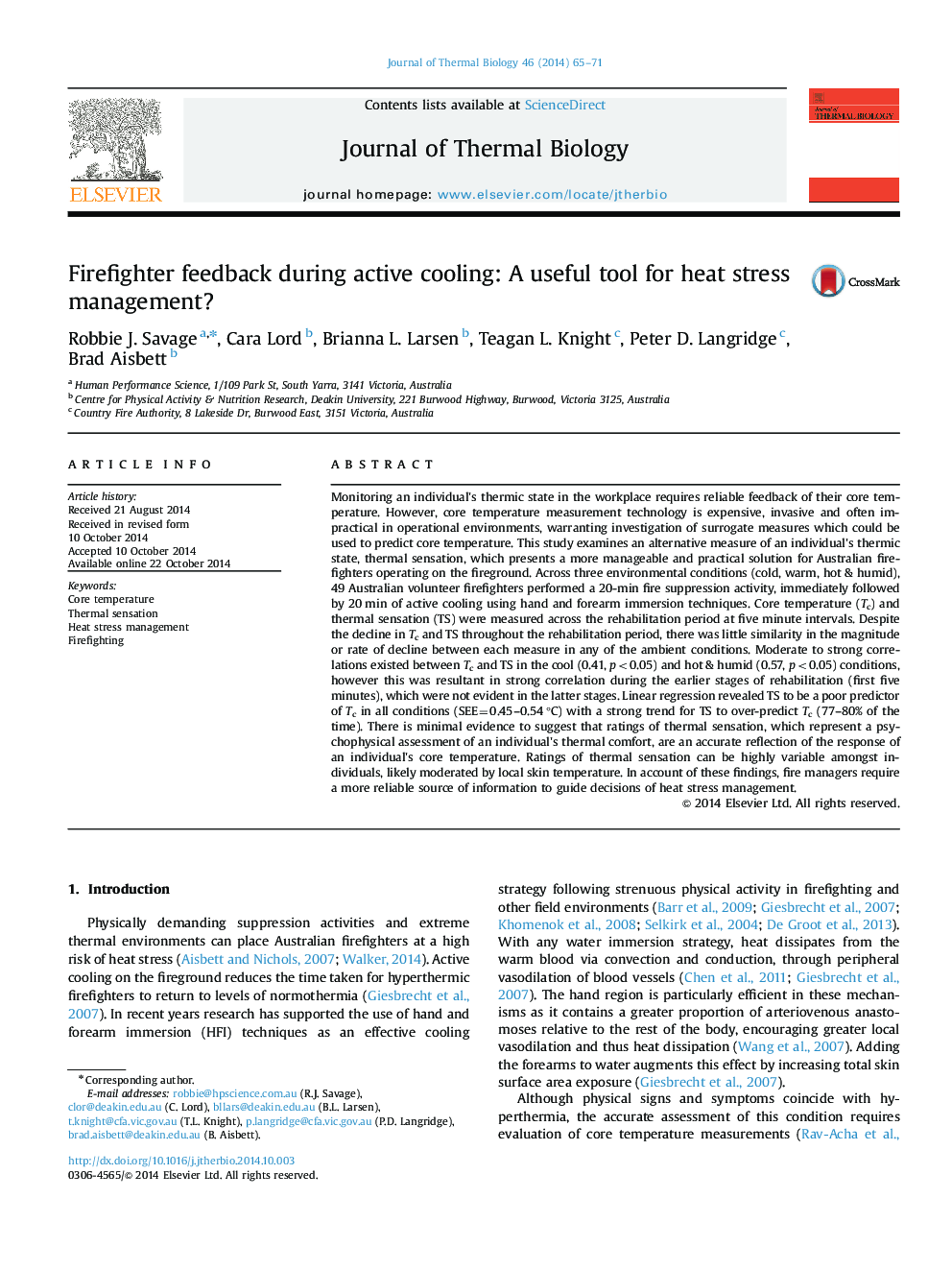 Firefighter feedback during active cooling: A useful tool for heat stress management?