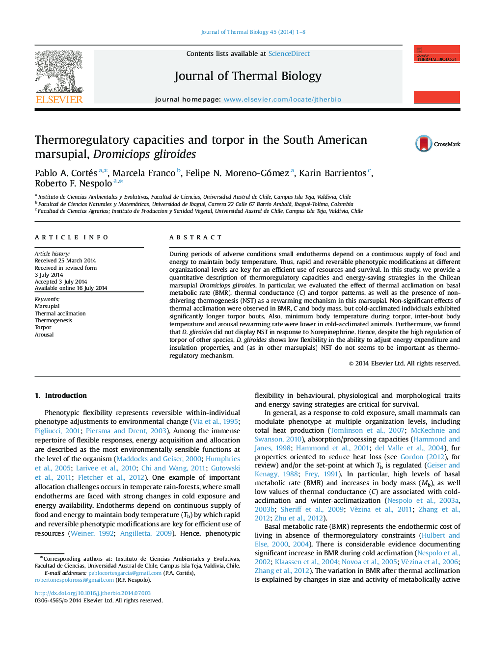 Thermoregulatory capacities and torpor in the South American marsupial, Dromiciops gliroides