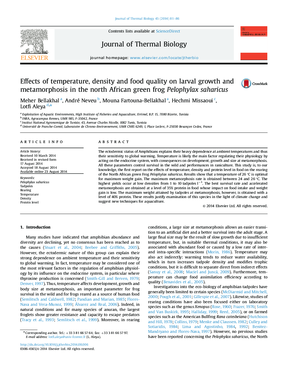 Effects of temperature, density and food quality on larval growth and metamorphosis in the north African green frog Pelophylax saharicus