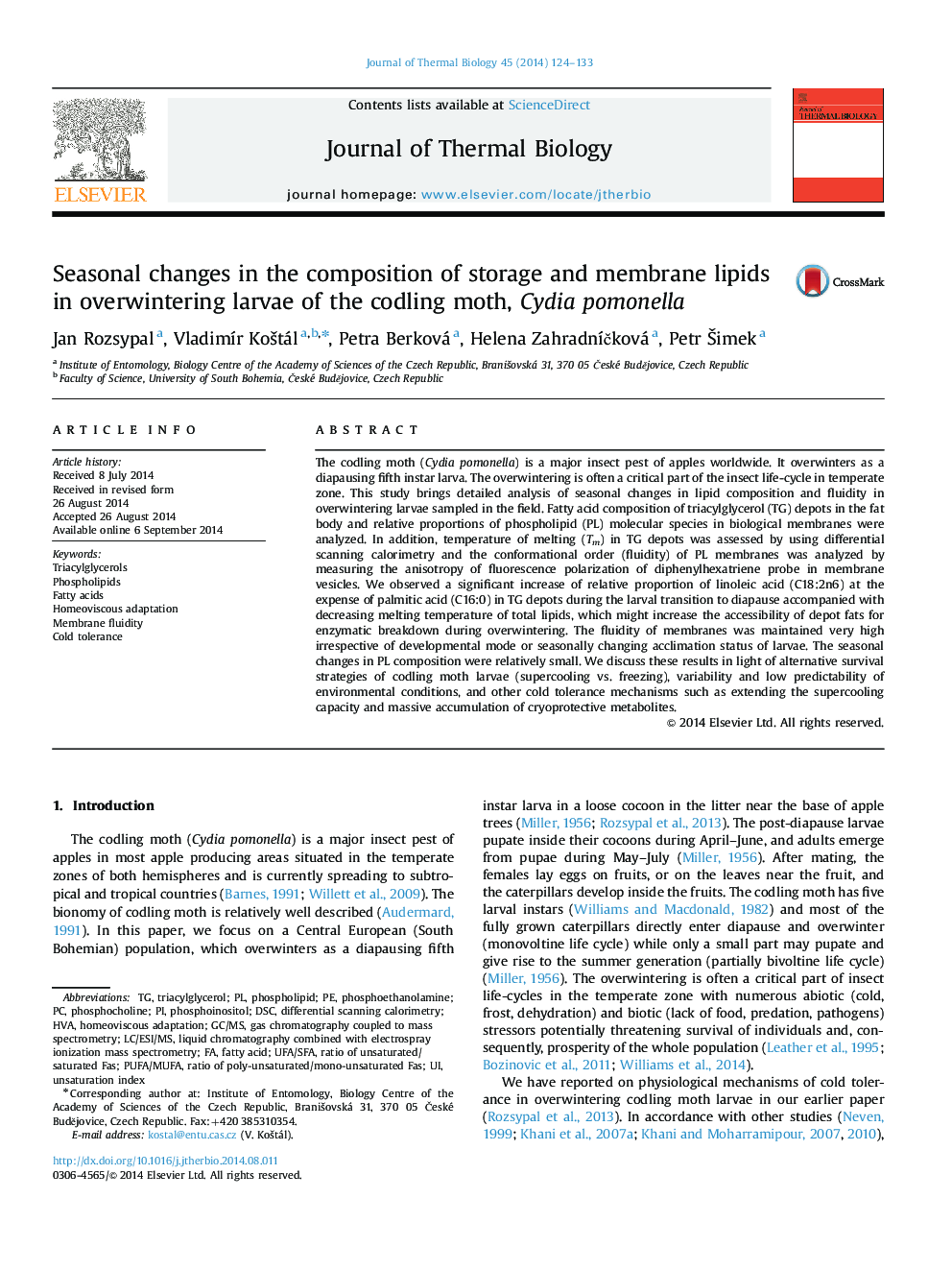 Seasonal changes in the composition of storage and membrane lipids in overwintering larvae of the codling moth, Cydia pomonella