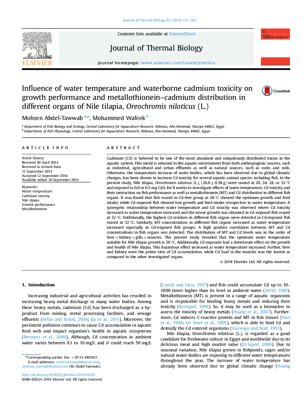 Influence of water temperature and waterborne cadmium toxicity on growth performance and metallothionein–cadmium distribution in different organs of Nile tilapia, Oreochromis niloticus (L.)