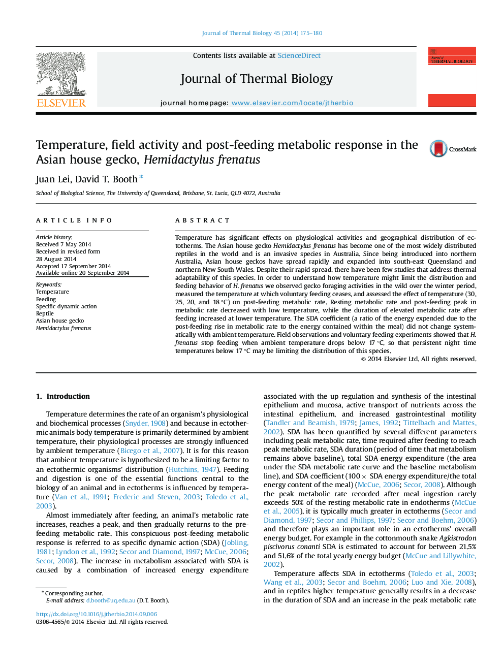 Temperature, field activity and post-feeding metabolic response in the Asian house gecko, Hemidactylus frenatus