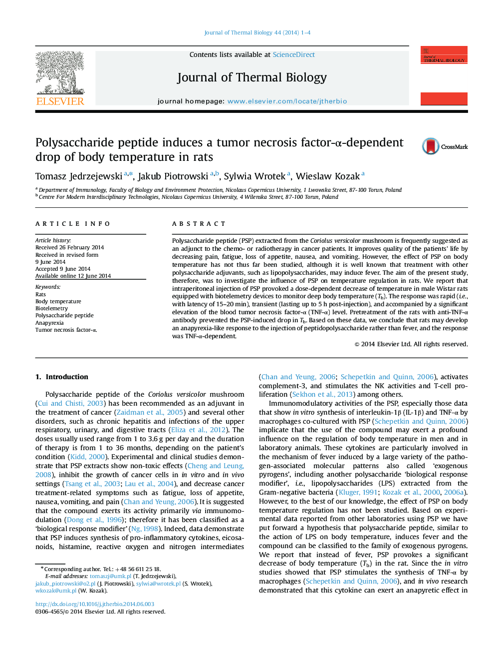 Polysaccharide peptide induces a tumor necrosis factor-α-dependent drop of body temperature in rats