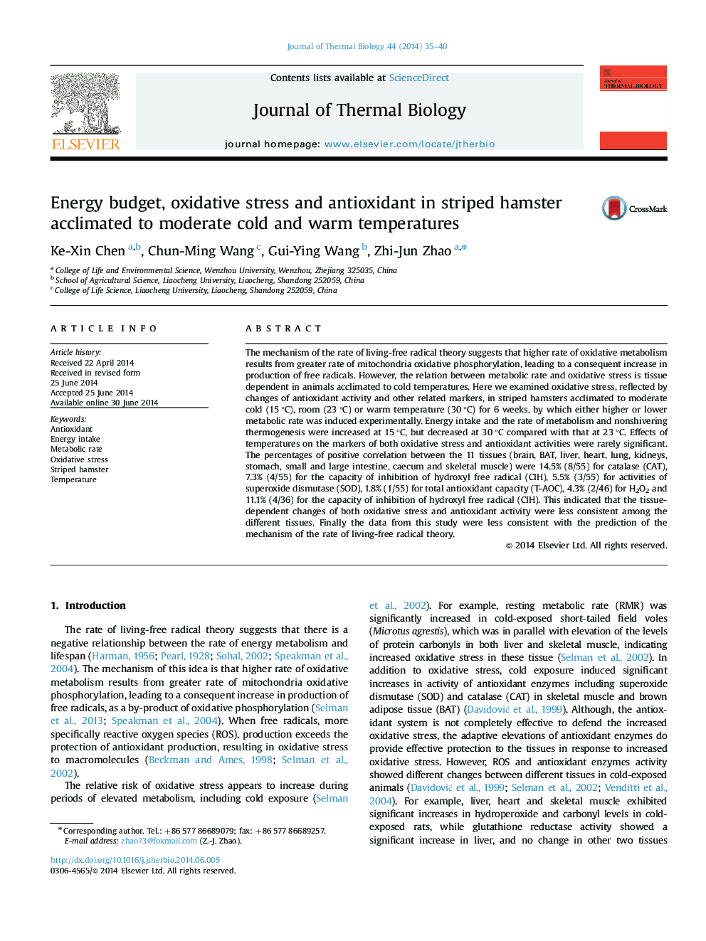 Energy budget, oxidative stress and antioxidant in striped hamster acclimated to moderate cold and warm temperatures