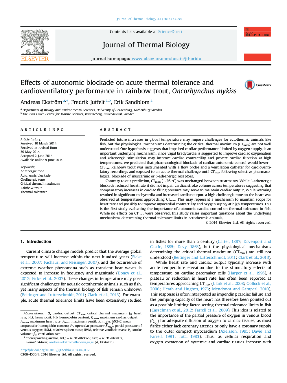 Effects of autonomic blockade on acute thermal tolerance and cardioventilatory performance in rainbow trout, Oncorhynchus mykiss