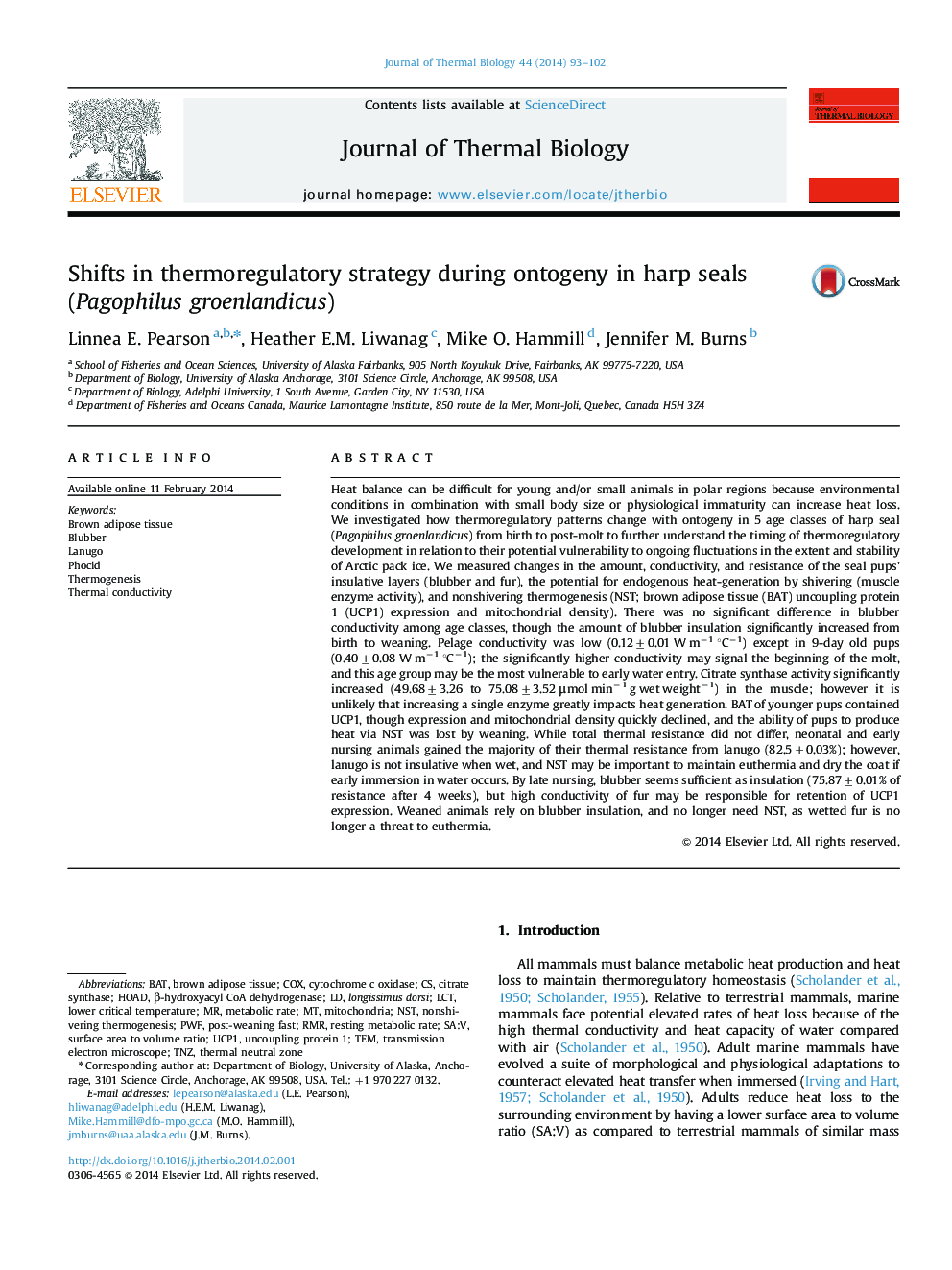 Shifts in thermoregulatory strategy during ontogeny in harp seals (Pagophilus groenlandicus)