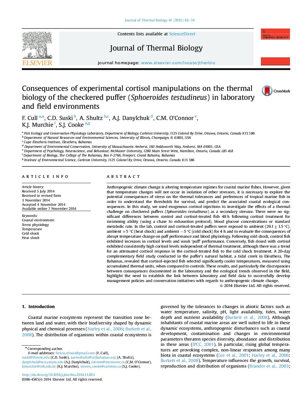 Consequences of experimental cortisol manipulations on the thermal biology of the checkered puffer (Sphoeroides testudineus) in laboratory and field environments