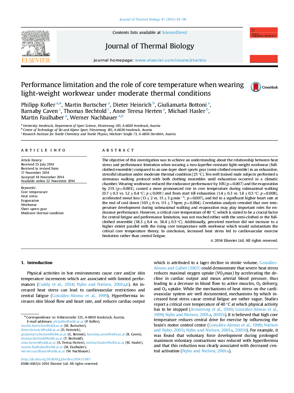 Performance limitation and the role of core temperature when wearing light-weight workwear under moderate thermal conditions