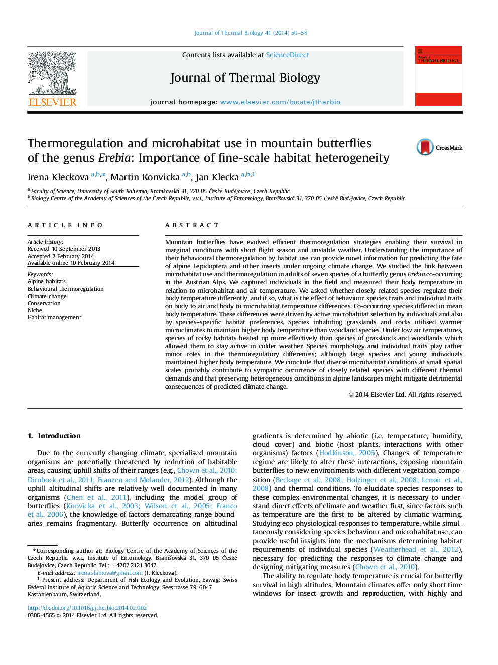 Thermoregulation and microhabitat use in mountain butterflies of the genus Erebia: Importance of fine-scale habitat heterogeneity