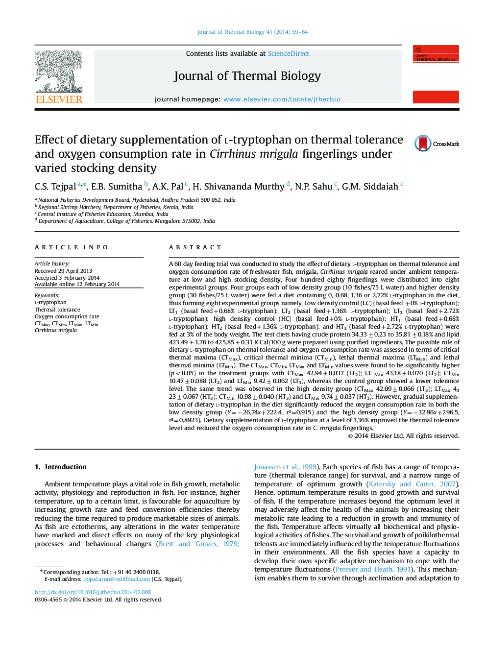 Effect of dietary supplementation of l-tryptophan on thermal tolerance and oxygen consumption rate in Cirrhinus mrigala fingerlings under varied stocking density