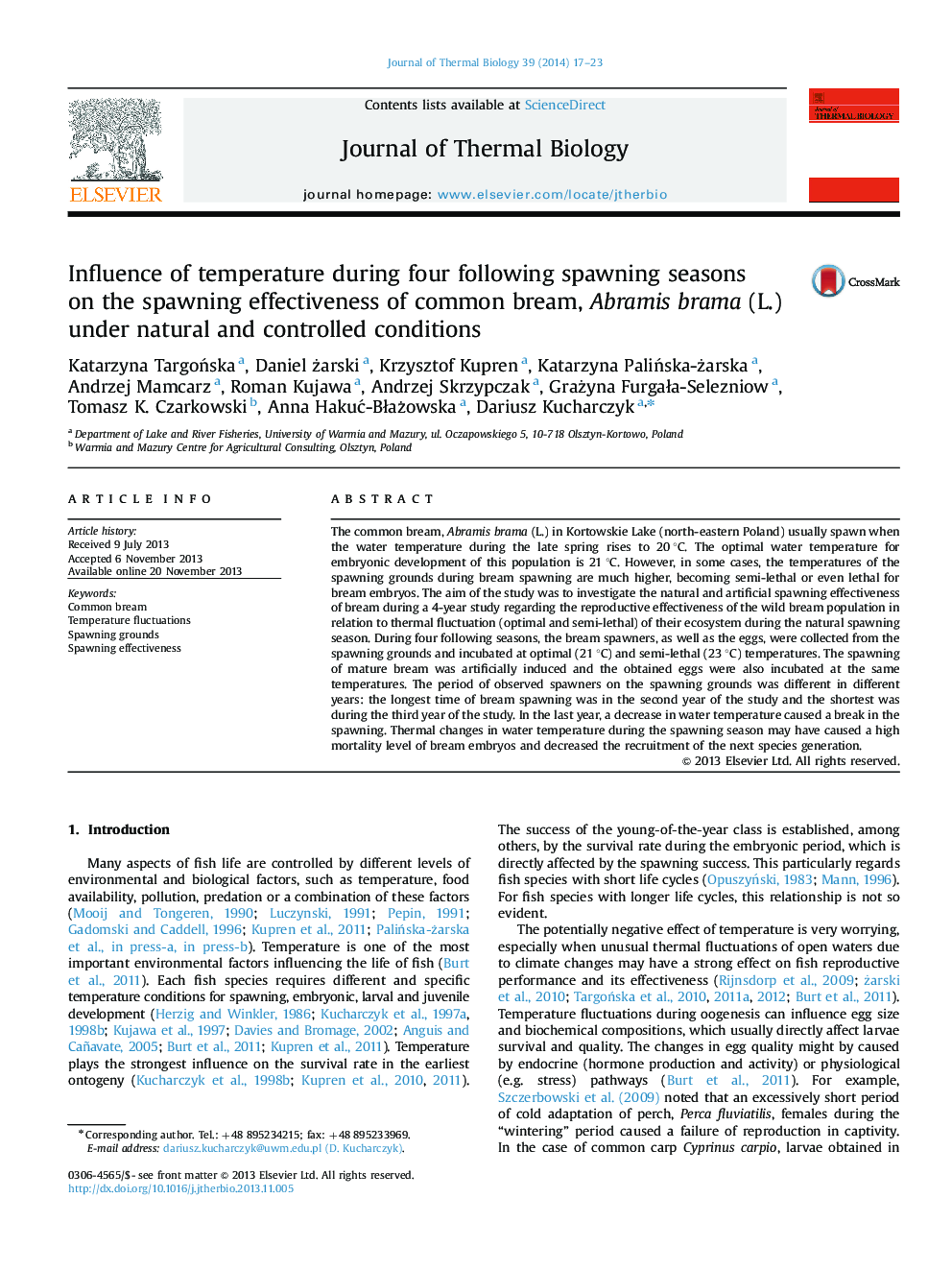 Influence of temperature during four following spawning seasons on the spawning effectiveness of common bream, Abramis brama (L.) under natural and controlled conditions