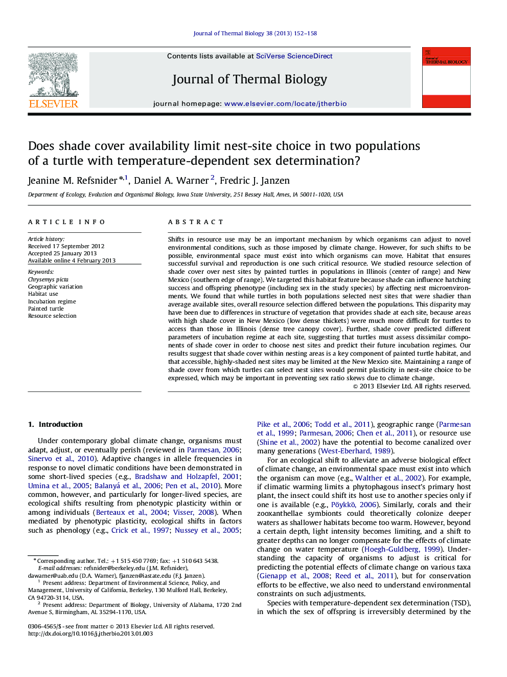 Does shade cover availability limit nest-site choice in two populations of a turtle with temperature-dependent sex determination?