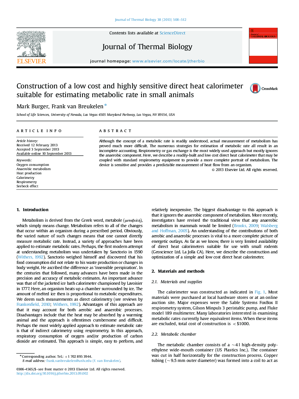 Construction of a low cost and highly sensitive direct heat calorimeter suitable for estimating metabolic rate in small animals