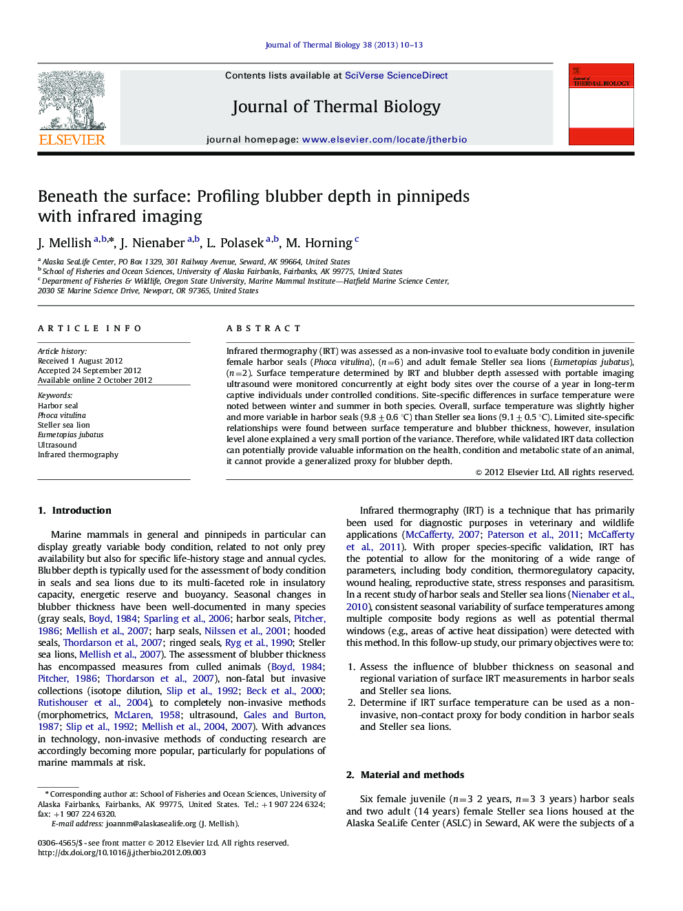 Beneath the surface: Profiling blubber depth in pinnipeds with infrared imaging