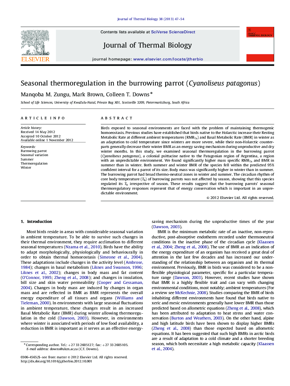 Seasonal thermoregulation in the burrowing parrot (Cyanoliseus patagonus)