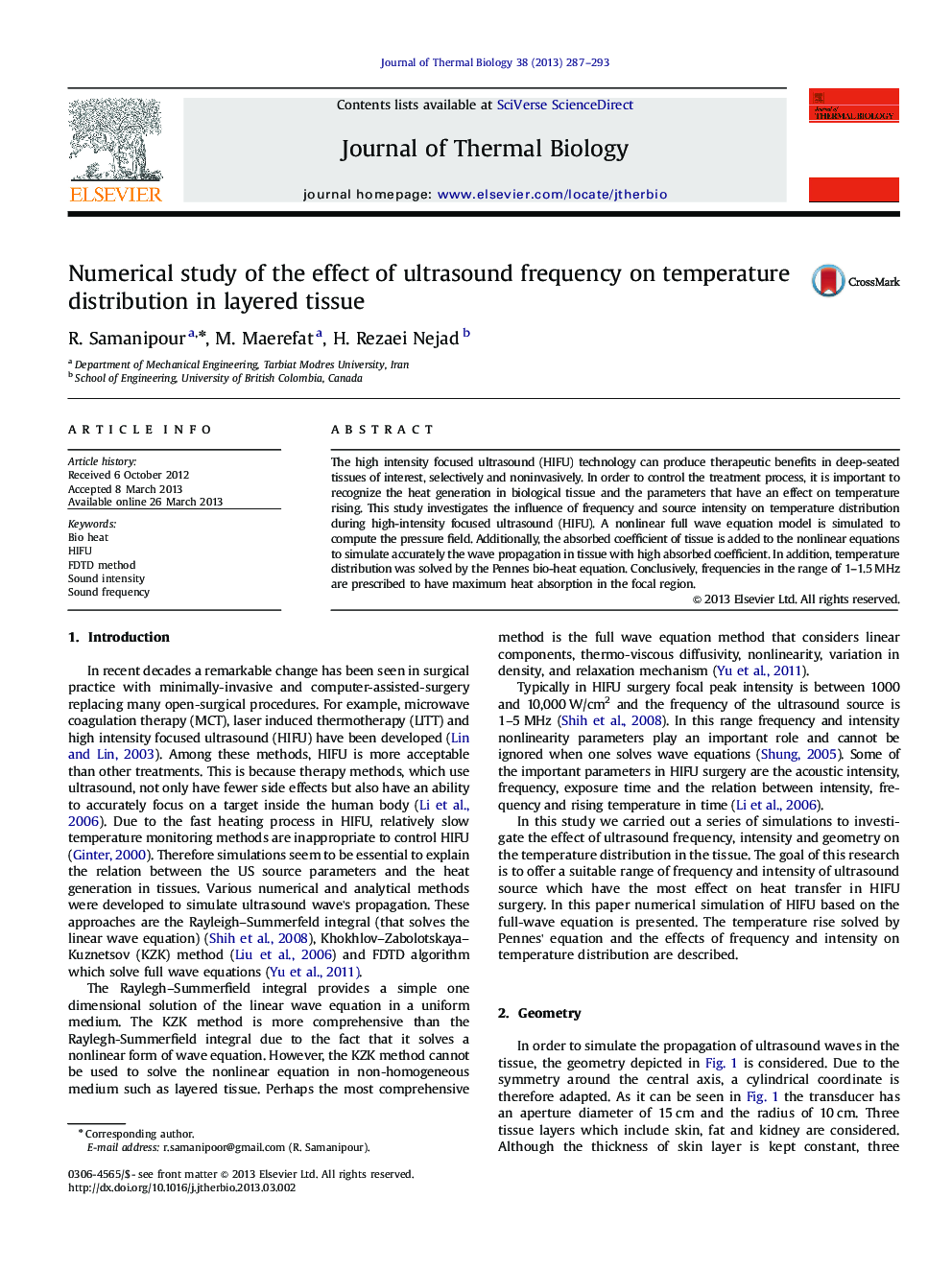 Numerical study of the effect of ultrasound frequency on temperature distribution in layered tissue