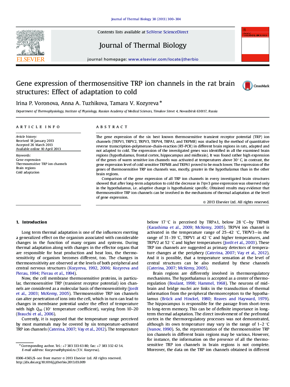 Gene expression of thermosensitive TRP ion channels in the rat brain structures: Effect of adaptation to cold