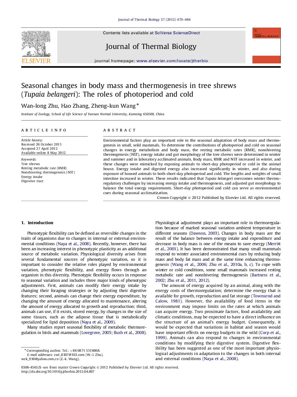 Seasonal changes in body mass and thermogenesis in tree shrews (Tupaia belangeri): The roles of photoperiod and cold