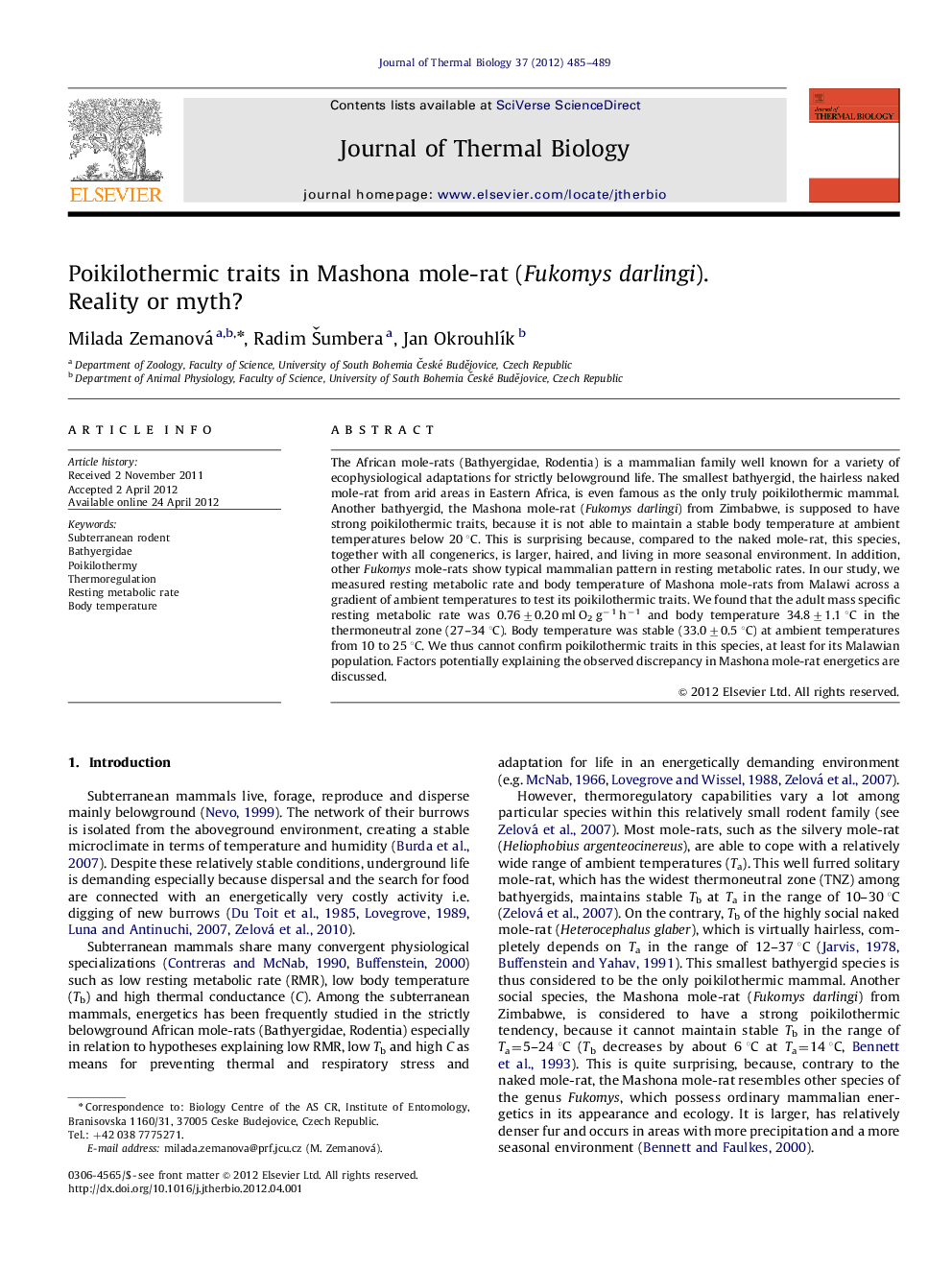 Poikilothermic traits in Mashona mole-rat (Fukomys darlingi). Reality or myth?