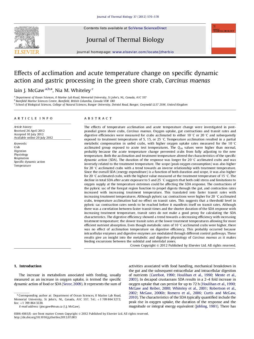 Effects of acclimation and acute temperature change on specific dynamic action and gastric processing in the green shore crab, Carcinus maenas