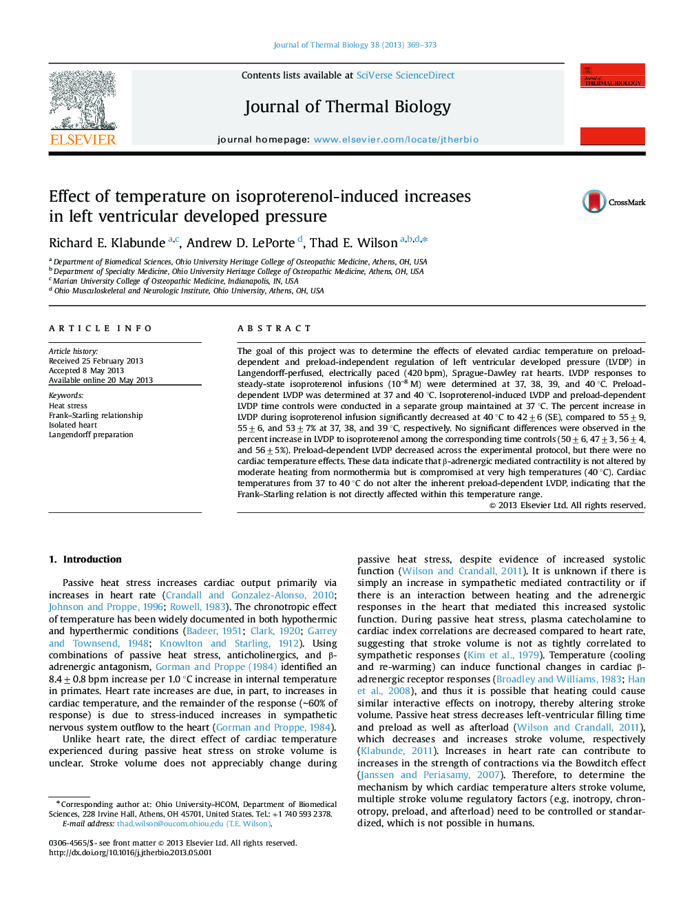 Effect of temperature on isoproterenol-induced increases in left ventricular developed pressure