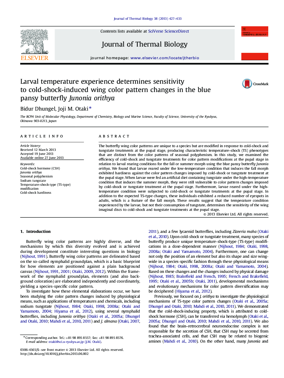 Larval temperature experience determines sensitivity to cold-shock-induced wing color pattern changes in the blue pansy butterfly Junonia orithya