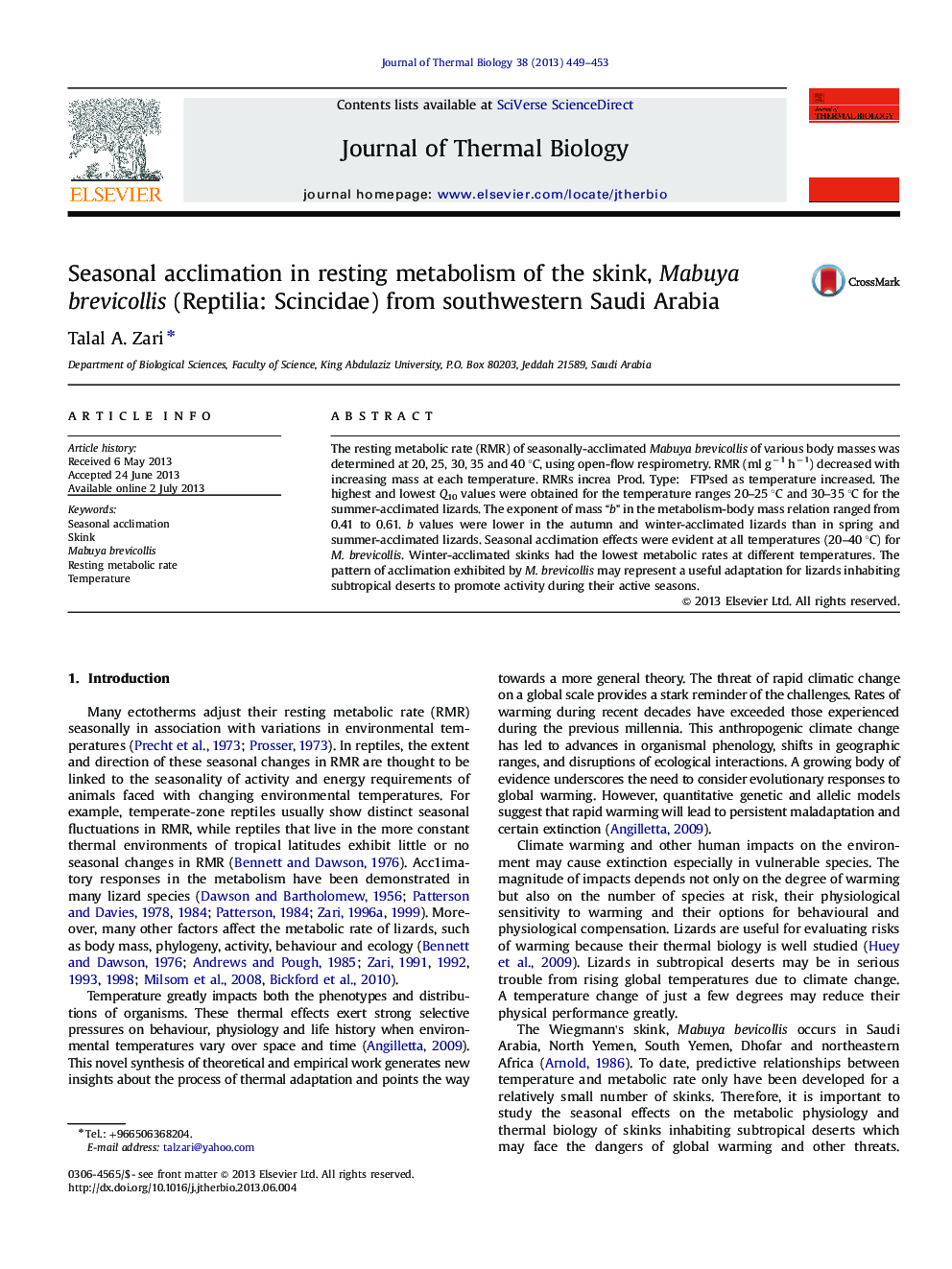 Seasonal acclimation in resting metabolism of the skink, Mabuya brevicollis (Reptilia: Scincidae) from southwestern Saudi Arabia