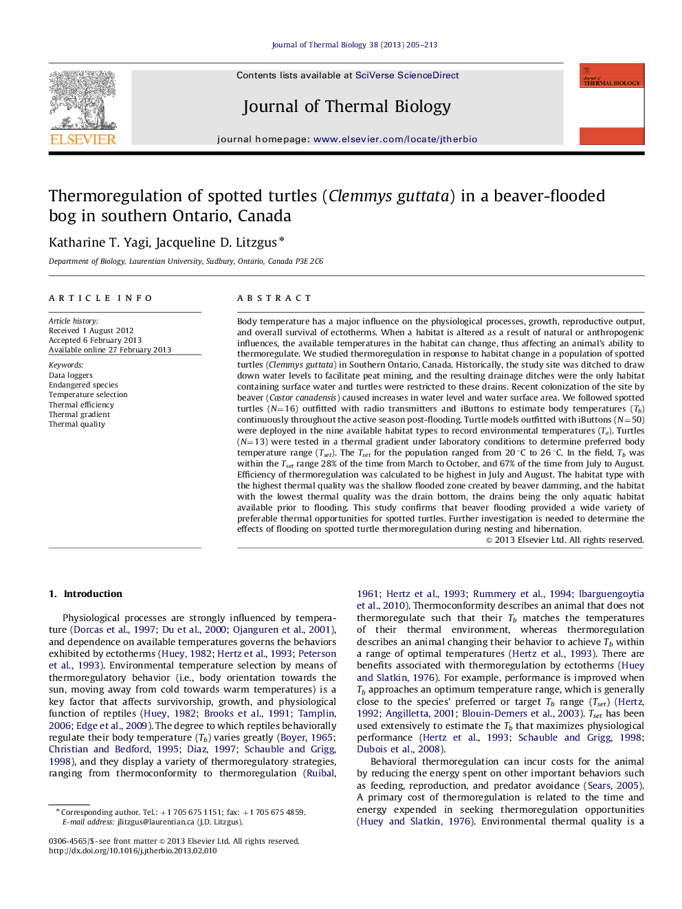 Thermoregulation of spotted turtles (Clemmys guttata) in a beaver-flooded bog in southern Ontario, Canada