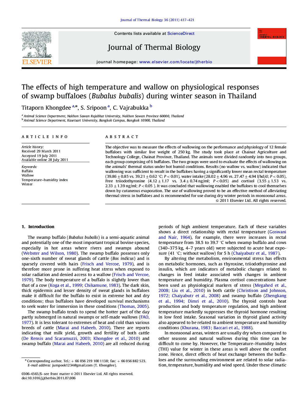 The effects of high temperature and wallow on physiological responses of swamp buffaloes (Bubalus bubalis) during winter season in Thailand